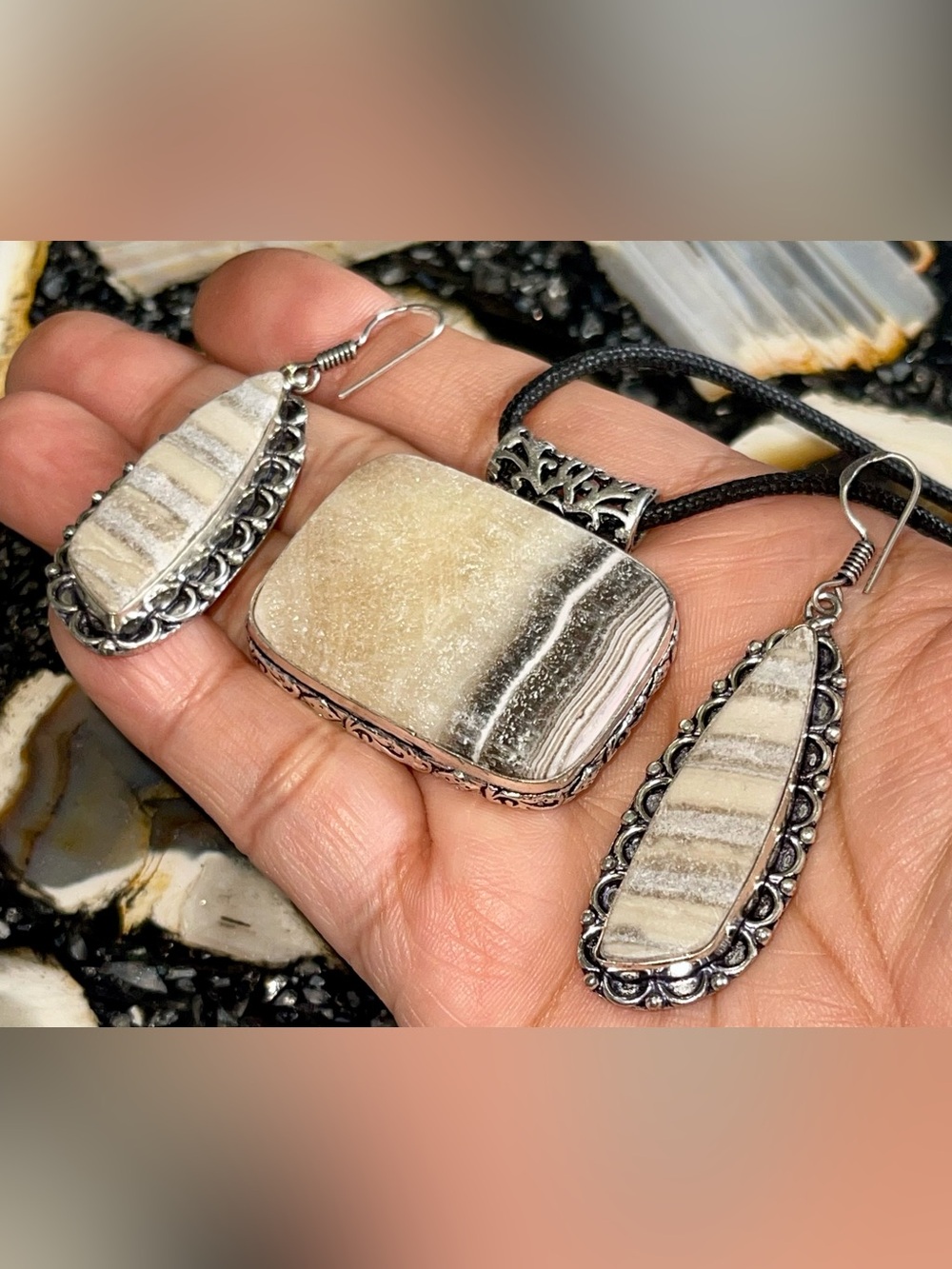 Raw Phantom Yellow Zebra Calcite Earrings & Pendant Set